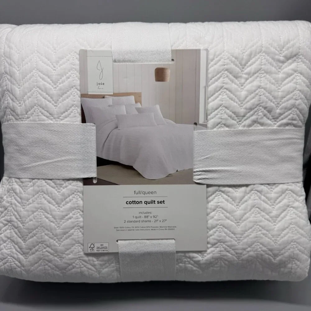 3pc J Joie Home White FULL/QUEEN Quilt Sham Bedding Set Cotton Cottage Farmhouse